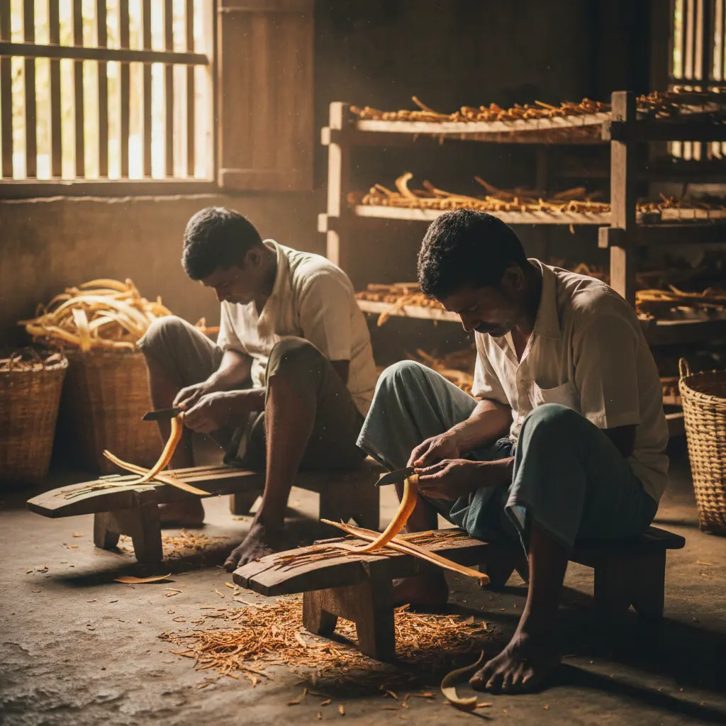 Skilled artisans hand-peeling fresh Ceylon Cinnamon bark using traditional tools, demonstrating the labor-intensive artisanal processing method that ensures authentic high-grade quill formation for export.