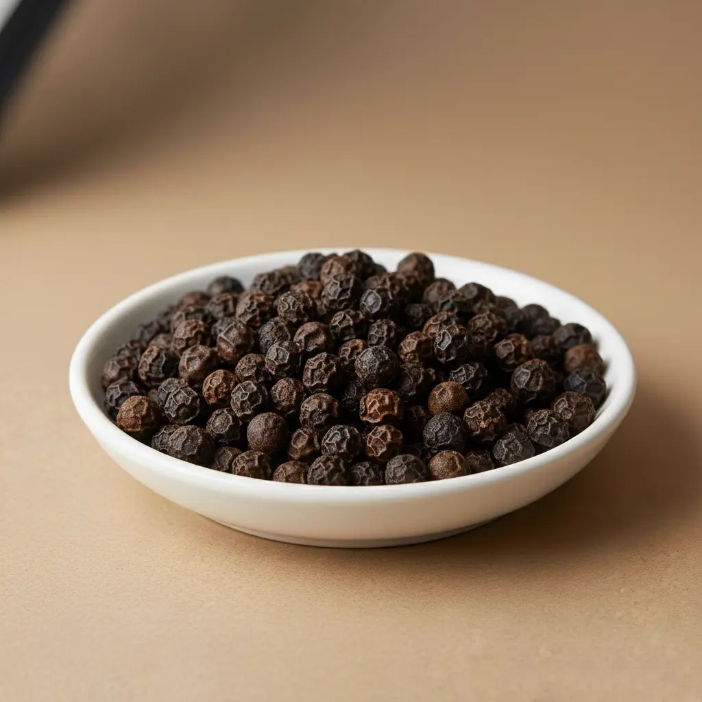 Bowl of Premium Ceylon Black Peppercorns (G1 / 550GL) displaying uniform size and deep black color, indicative of high Piperine content for industrial spice grinding and oleoresin extraction.