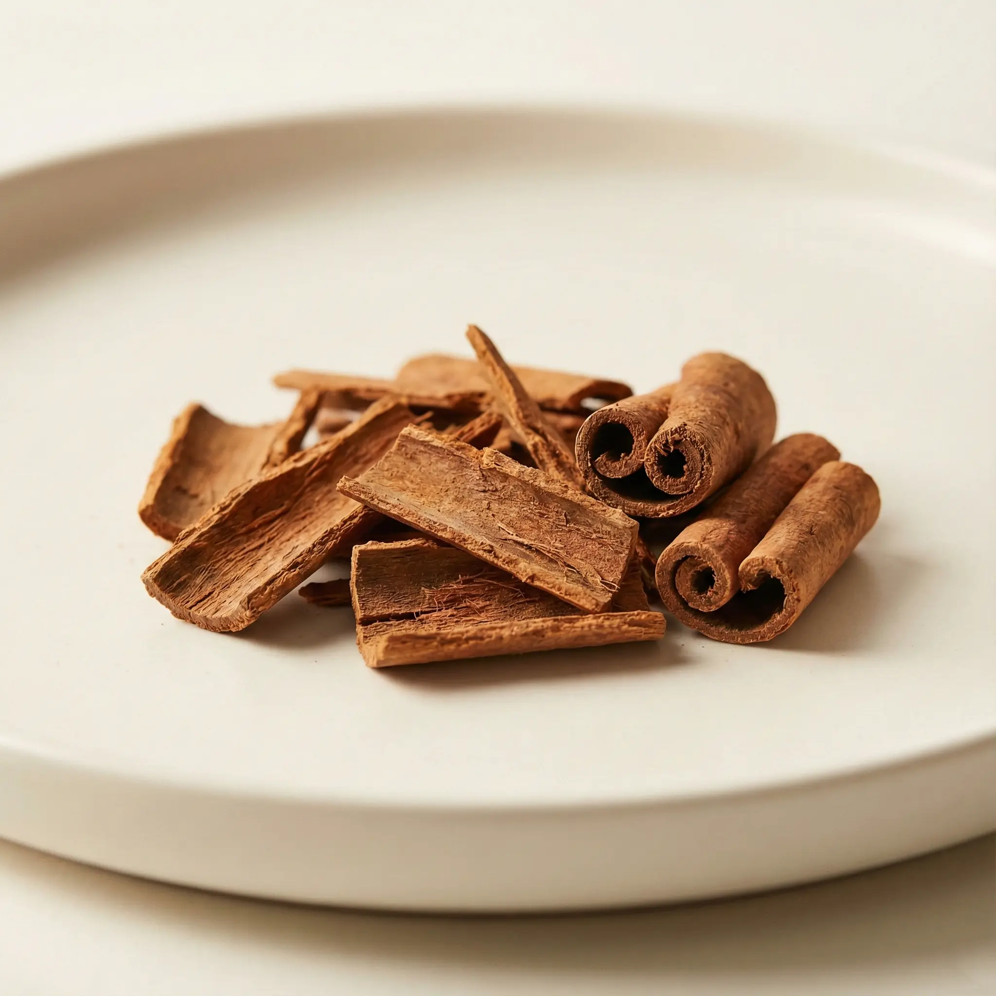 Sample of clean Ceylon Cinnamon Chips and broken quill segments (Quillings/Off-Cuts) on a neutral plate, displaying raw material texture suitable for commercial spice grinding, oil extraction, and tea blends.