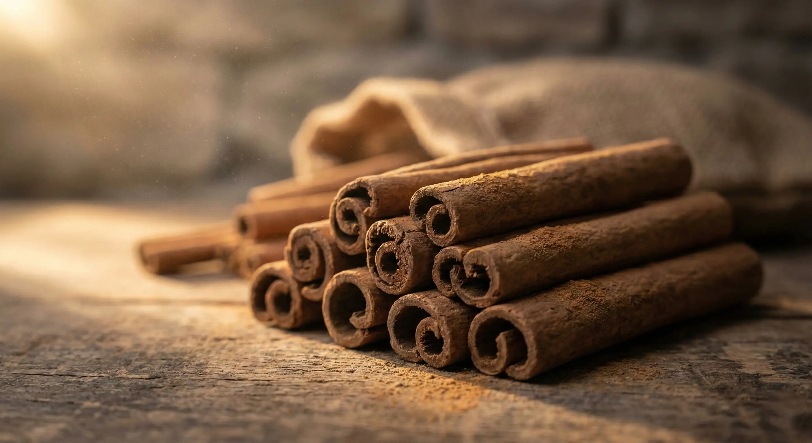 Authentic Ceylon Cinnamon Quills stacked on a rustic wooden surface next to a jute sack, illustrating raw material sourcing and bulk export readiness from Sri Lanka.